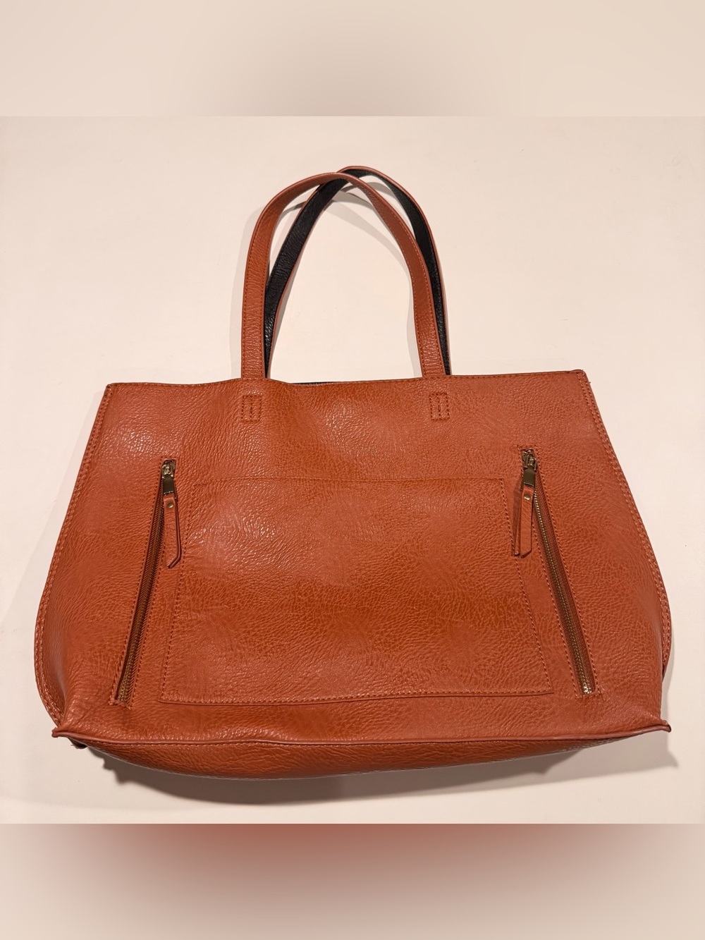 Miztique Cognac Brown Vegan Leather Tote Bag with Zipper Pockets